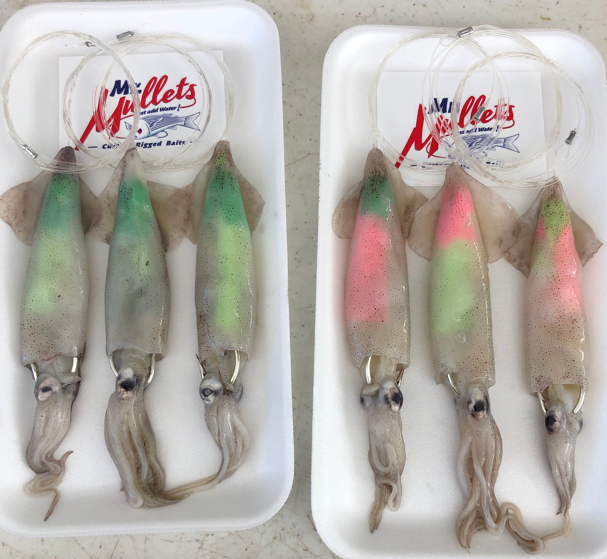 Rigged Colored Squid: 6-10 inches | 3 per pk x10 pks 30 total squid